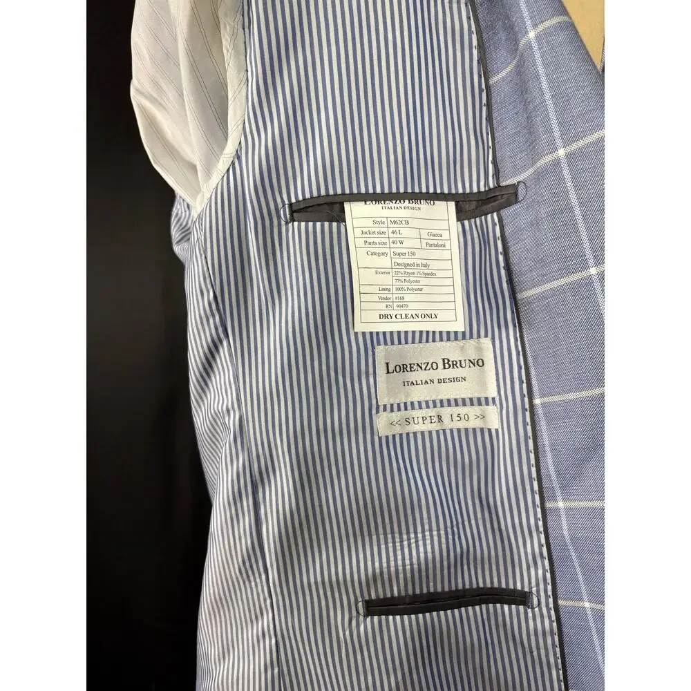 Lorenzo Bruno Italian Design Blazer, Blue Plaid, Sports Coat, Super 150 Lined